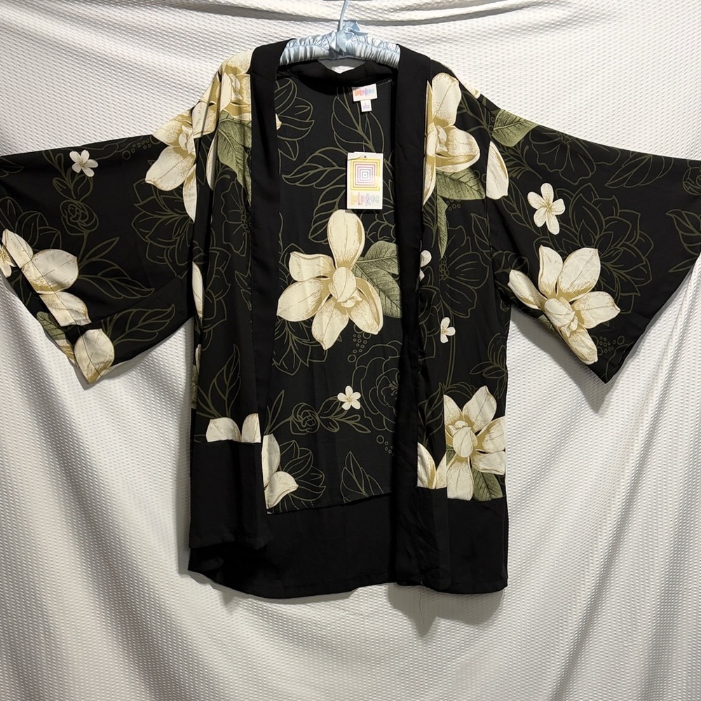 LuLaRoe Black Kimono like cardigan with White and Green Floral Design